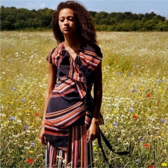 Tory Burch Adelia Top NWT Wrap Silhouette Allover Stripe Ruffle Blouse - Picture 4 of 9